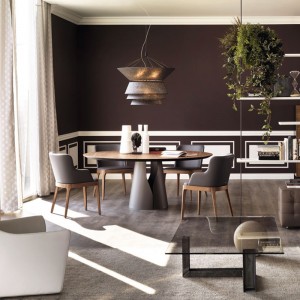 Nordic Space Saving Steel Pedestal Walnut Solid Wood Round Dining Bord Set 6 SEATER