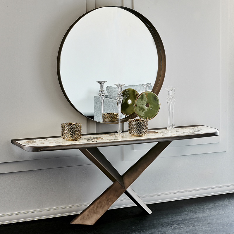 Italiensk X -formet rustfrit stålbase Moderne luksuskonsolskab Stone Marble Top Console Table med spejl